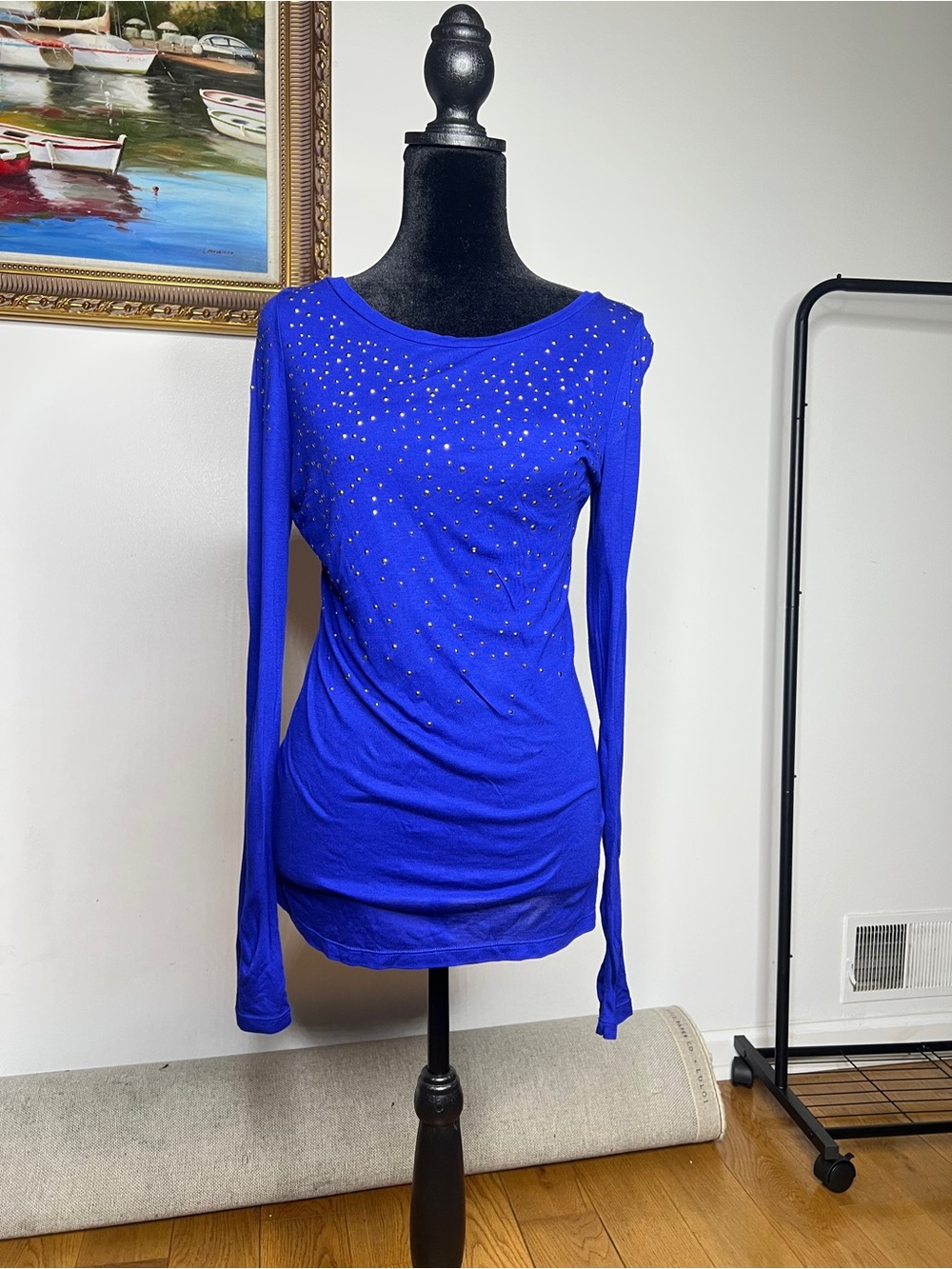 Armani Exchange Royal Blue Long-Sleeve Scoop Neck Top with Studs